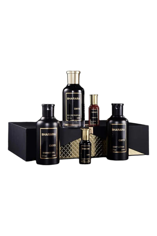SET BHARARA ONYX MEN  ( 5 PC ) 3.4 OZ EDP SP / 6.7 OZ BL / 6.7 OZ SG /0.34 OZ EDP X 2